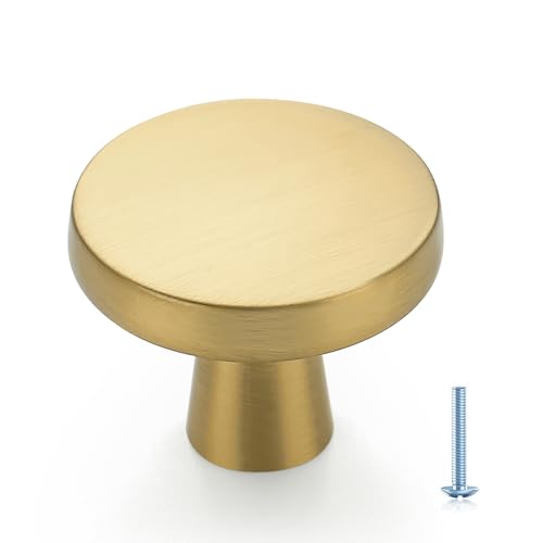 Image of Ravinte 10 Pack Solid Single Hole Kitchen Round Cabinet Knobs Brushed Brass Pulls Drawer Knobs Kitchen Cabinet Hardware Handles