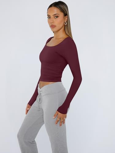 Trendy Queen Womens Long Sleeve Shirts Crop Tops Fall Fashion Solid Square Neck Going Out Basics Tees Y2k Clothes