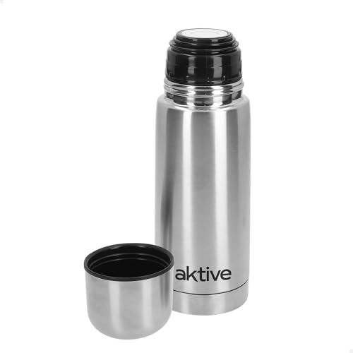 AKTIVE Botella Térmica Acero Inoxidable, 350 ml, Acabado Metálico, Incluye Vaso, Sistema Antigoteo, Libre BPA, 7x7x20 cm