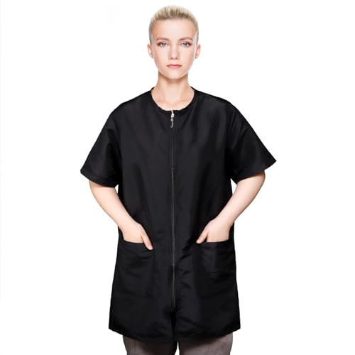 Pumtus Waterproof Pet Grooming Workwear Short Sleeves Dog Grooming Smock Hairdresser Uniform with Full Zipper & Pockets Anti-Static Professional Stylist Jacket for Barber Salon Pet Shop (Large)
