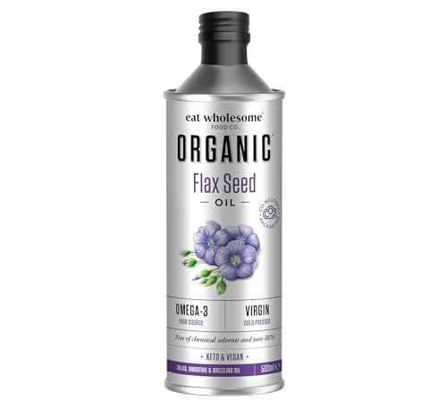 Eat Wholesome Organic Flax Seed Oil 500ml - Cold Pressed Unrefined High Source of Omega 3 100% Pure & Natural For Smoothies Salads Skincare & Hair Vegan
