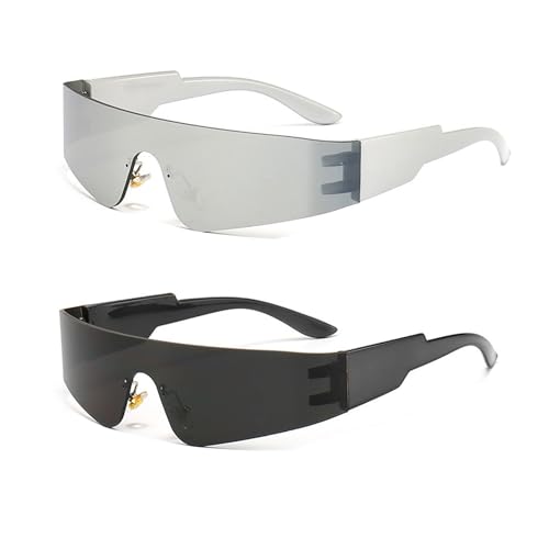 Yuwnd 2Stück Rave Brille für Rollenspiel Einschließlich Schnelle Brille Rave Coole Rahmenlos Verspiegelte Raver Brilles Futuristische Space Techno Stil Sonnenbrille Raves