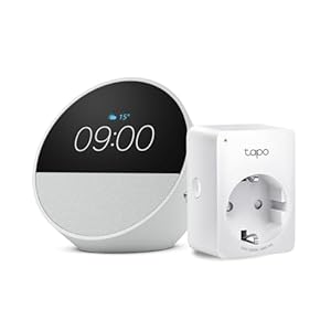 Echo Spot | Blanco + Tapo P100MA – Matter Mini Enchufe Inteligente, compatible con Alexa – Kit de inicio de Hogar digital