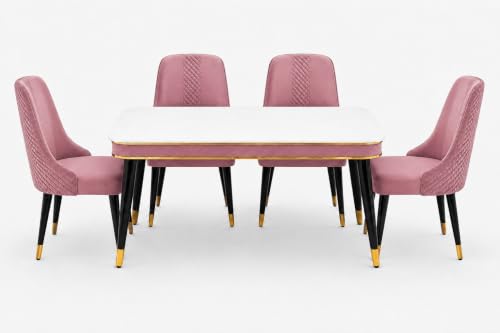 Image of WOODEN SPACE Majestic 4 Seater Wooden Dining Table Set | Urban Marble Top Dining Table with Chairs for Dining Room & Kitchen (Modern Vento Pink) (54 x 36 x 30 inch)