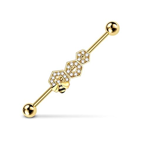 CM Crareesi Mania Industrial Piercing Jewellery Cute Bee Industrial Barbell 14G Industrial Bar Earrings Gold 316L Stainless Steel Cartilage Earrings 38mm Induatrial Body Piercing Jewellery for Women Cover