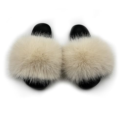 Image of Women's Faux Fur Slides Slippers Fluffy Fuzzy Sandals Open Toe Furry Slide Flip Flop Indoor Outdoor