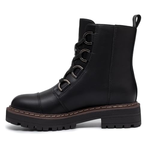 Athlefit Women's Lace-Up Combat Boots Platform Chunky Low Heel Lug Sole Ankle Booties2