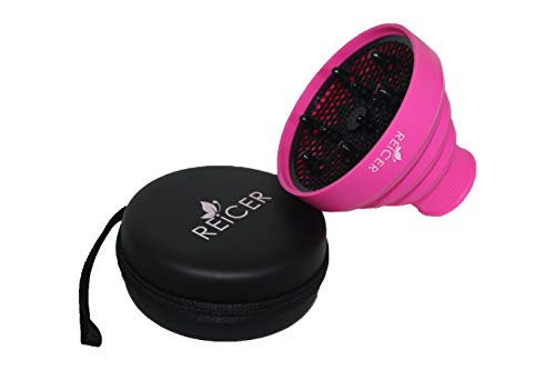 Reicer Collapsible Diffuser Hair Dryer Made of Silicone, Portable, Great for Travel | Attachment for Curly Hair| Anti-Frizz, Beautiful Curls | Hard Case for Easy Storage | Nozzle 2.05 inch, Pink