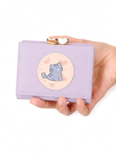 Image of Valerie Cute Small Wallets Clutch for Teen Girl Women PU Leather Trifold Small Wallet Cash Pocket 3D Buckle Card Holder Coin Purse with ID Window for Girls Women (Purple cat)