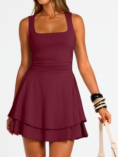 Image of Trendy Queen Women's Square Neck Summer Party Flowy Ruffle Hem Ruched Waist Mini Dress