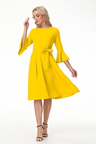 Image of Hostoyo Church Dress for Women Wedding Guest Cocktail Party Dresses Evening Prom Formal Modest Gowns Crew Neck Bell Sleeve