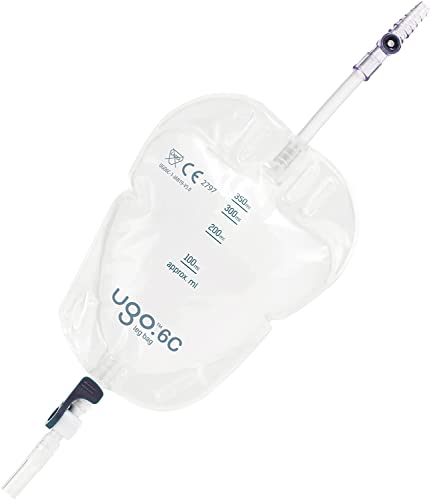 Ugo Sacche Gamba per Urina (x10) – Borsa per il drenaggio delle urine/per catetere, design naturale ergonomico (Pacchetto da 10) (Ugo 6C - 350ml, Tubo Corto, Rubinetto A Leva)