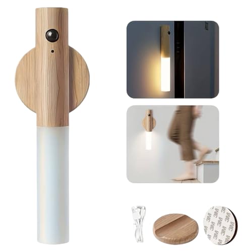 Zoe & Jim Magnetic Wall Light with Motion Sensor and USB Rechargeable. Wall Mounted Wood Torch Light Warm White for Indoor Use. Good for Bedside Lamp, Living Room, Hallway, Staircase (Ash)