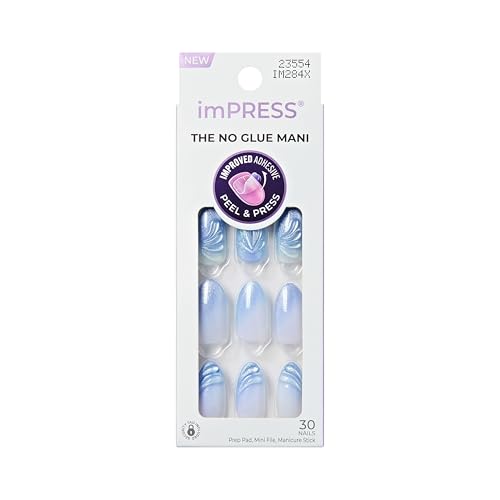 Kiss Impress No Glue Mani Press On Nails Design Ciel Blue Medium Size Almond Shape Includes 30 Nails Prep Pad 1 Manicure Stick 1 Mini File