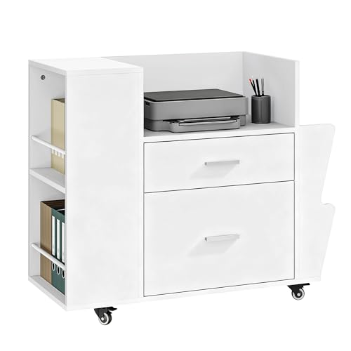 YITAHOME Rolling Aktenschrank mit Seitenhaltern und 4 Rädern, Aktenschrank mit verstellbaren Hängestängen für A4 / Brief Dokumente, Druckerstander für Home Office, weiß