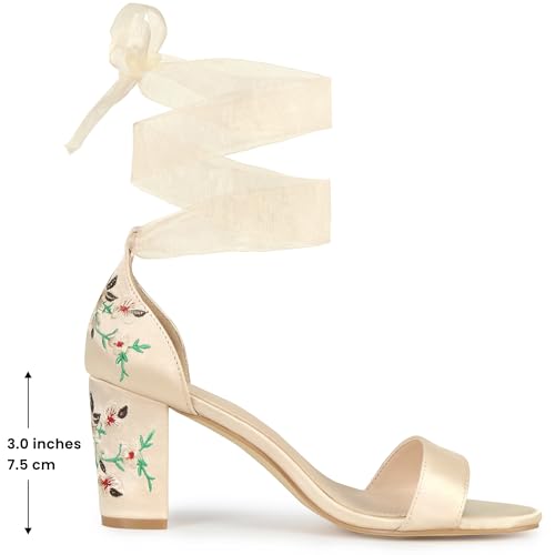 Allegra K Allegra K Women's Floral Heels Satin Lace Up Chunky Heel Champagne Sandals 7.5 M US