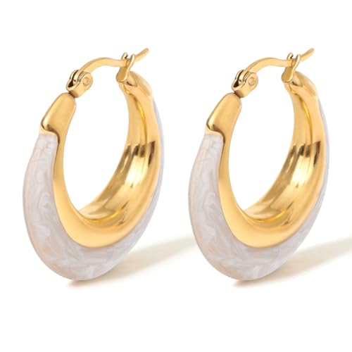 TaYolnFaSo Pearly White Hoop Earrings for Women 18K Gold Plated Chunky Enamel Earrings Pearly White Enamel Jewelry Gift for Wife