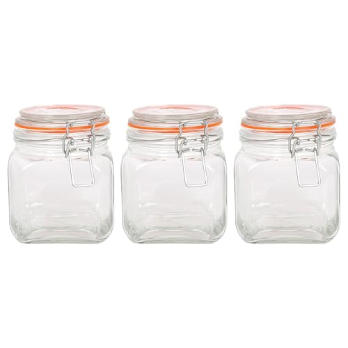 Argon Tableware 760ml Square Glass Jars with Clip-top Lids - 3pc Airtight Kitchen Mason Jar Food Storage Preserving Container for Pickling, Chutney, Jam, Coffee, Oats