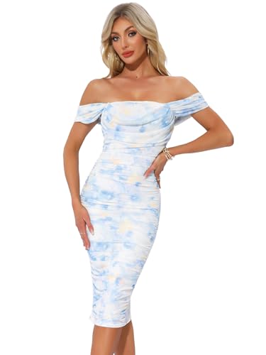 Image of Allegra K Midi Ruched Dress for Women's Cocktail Bodycon Square Neck Printed Dresses