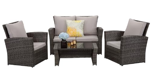 MeXo Balkonmöbel Set 4 Personen Kleiner Balkon, wetterfest pflegeleicht, Belastbarkeit pro Sitzplatz bis zur 140kg, Lounge Rattan Outdoor Grau