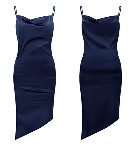 R.Vivimos Women's Satin Dress Spaghetti Straps Side Slit Cowl Neck Irregular Hem Midi Dress (Large, NavyBlue)