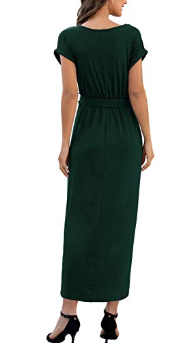 GRECERELLE Women's High Low Irregular Hem Slit Front Casual Fit Maxi Dress with Belt Dark Green-L - Image 5