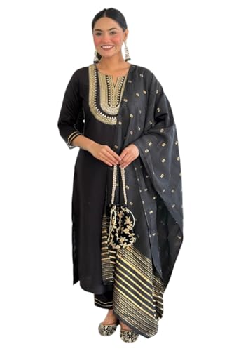 Image of Yashika Women's Black Embroidered Cotton Slub Fabric Straight Kurta, Pant and Dupatta Set | Kurta Set for Women