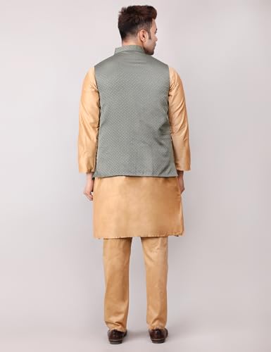Image of Men's Cotton Silk Blend Regular Kurta Pyjama, Embroidered Nehru Jacket /Waistcoat Set