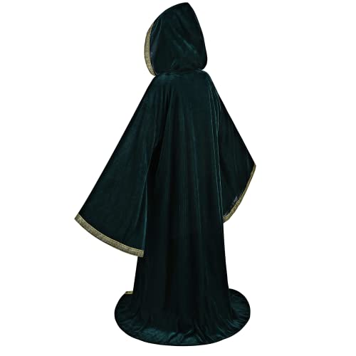 maxToonrain Mystic Wizard Robe Full Length Hooded Velvet Cloak Wide Sleeve Style Adult Medieval Retro Vintage Renaissance Costume Fancy Dress for Halloween Masquerade (Green-142cm) - Image 3