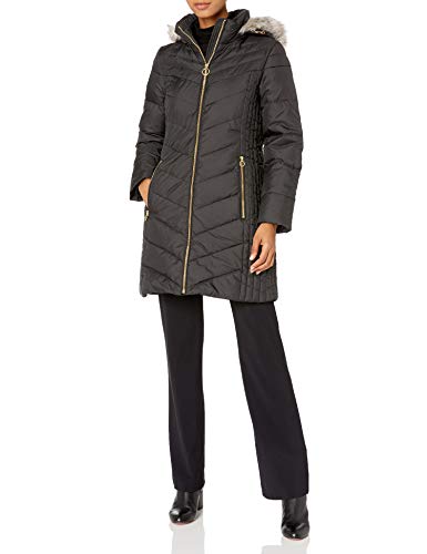 Anne Klein Women's Zip Front Parka with Faux Fur Hood, Black, Small