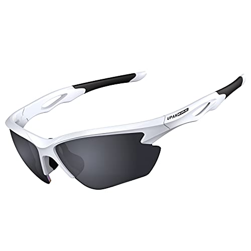 UPANBIKE Lunettes de soleil de cyclisme Polarisées UV400 Lunettes de soleil de course TR90 Lunettes de soleil de sport à monture incassable (Blanc brillant/Noir) Cover