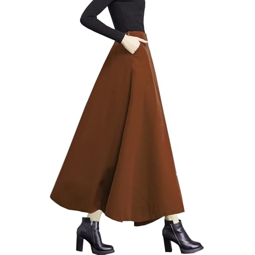 Women's High Elastic Waist Maxi Wool Skirt A-line Plaid Winter Warm Flare Long Skirt2