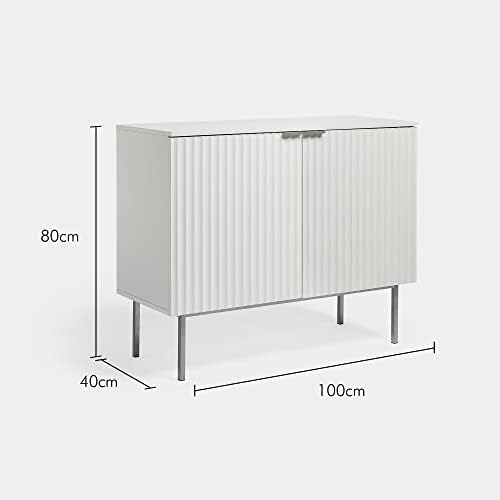 VonHaus White Sideboard - Modern 2 Door Cabinet for Living Room & Lounge - Minimalist Storage Cupboard w/Ridged Design & Silver Metal Legs for Hallway - Roma