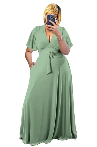 Image of Plus Size Women's 2 Piece Outfits Casual Short Ruffle Sleeve Wrap Crop Top Maxi Long Dress Flowy Matching Sets