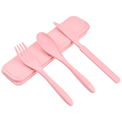 Travel Cutlery Set with Case, Plastic Reusable Cutlery Set for Outdoor Travel Picnic Office School Lunch Box (Pink)