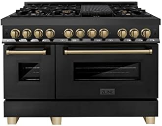 ZLINE Autograph Edition 48 in. 6.0 cu. ft. Legacy Dual Fuel Range with 7 Burner Gas Cooktop and 2 Electric Ovens in Black Stainless Steel and Champagne Bronze Accents (RABZ-48-CB)