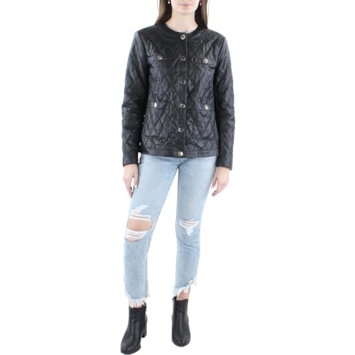 Veste sans col en cuir végétalien matelassé Anne Klein blouson motard chic