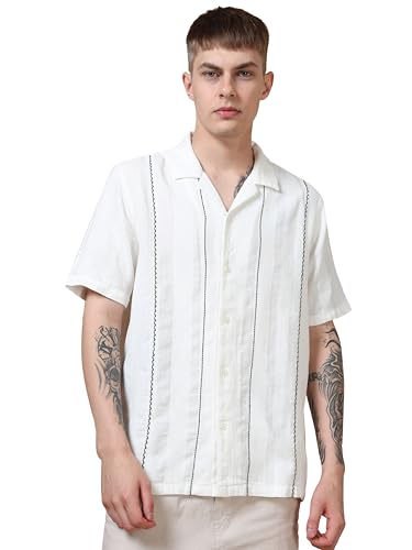 Image of StitchX Men's Half Sleeve Textured Cotton Contrast Stitch Detail Shirt