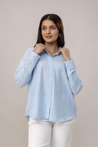 Image of Women's Linen Blend Shirt | Casual Collared Button Down Shirt for Women | Solid Color Full Sleeve Oversized Fit | Summer Casual & Office Wear Top