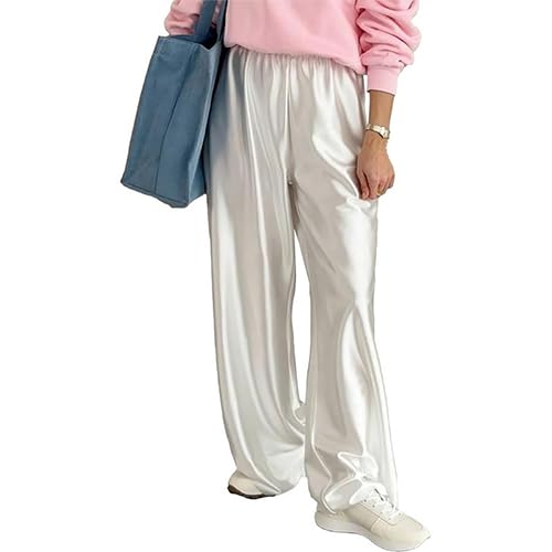 WANLUOSUXWomen's Metal Shiny Pants Silk High Waisted Elastic Waistband Casual Drape Trousers