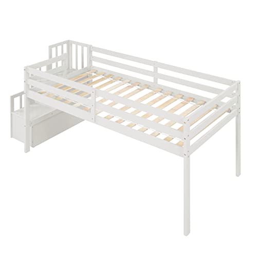 Bellemave Low Loft Bed With Stairs Twin Loft Bed With Storage Wood Bed Frame For Kids Teens Girls Boys, White #TOP5