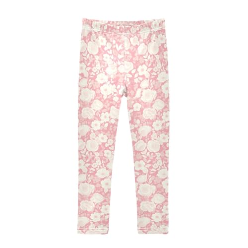 KLL Rose Flower Pattern Beautiful Pink Toddler Girls' Cotton Leggings Soft High Waisted Workout Pants Exercise