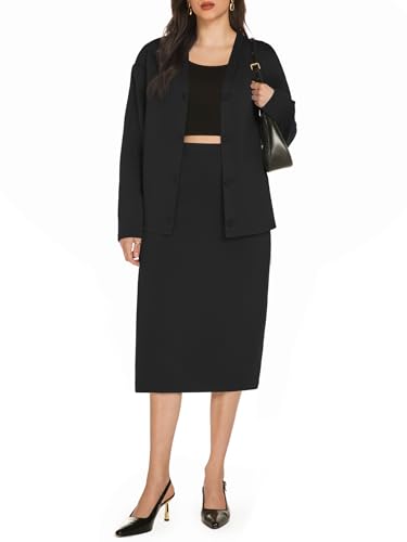 Image of Casly Lamiit Women's 2 Piece Midi Skirt Sets Business Casual Outfits Long Sleeve Cardigan Matching Dressy Suits