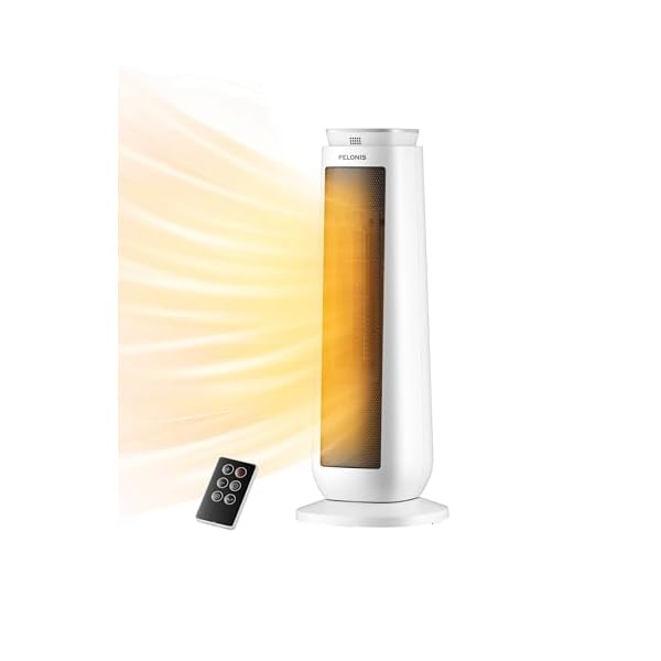 PELONIS 23” Oscillating Ceramic Tower Space Heater with Remote & Thermostat, Electric Energy Efficient Floor Heater for Indoor Use Large Room Safe with Timer, ECO Mode, 1500W, White