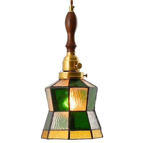 ペンダントライト LED ガラスシェード おしゃれ 北欧モダン風 真鍮製ボディ コード長さ調整可能 照明器具 天井吊り下げ式(E26口金・電球別売) ダイニングルーム リビング キッチン 玄関 書斎に最適 - 木製ハンドル付き - グリーン