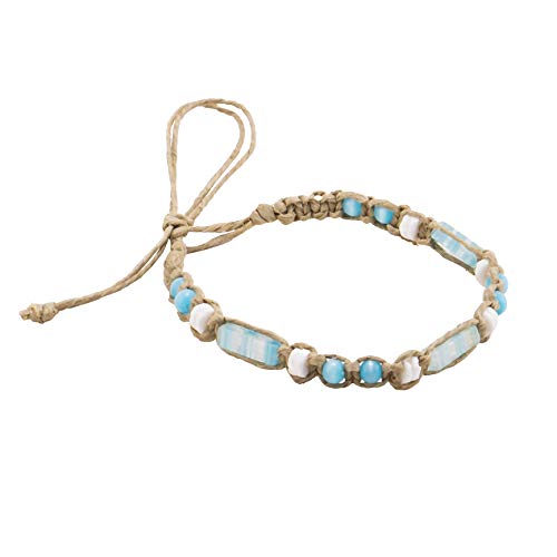 BlueRica Hemp Anklet Bracelet with Puka Shell Beads, Blue Cat's Eye Beads & Glass Tubes2