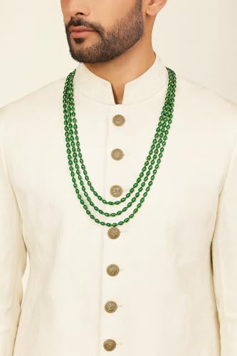 Image of I Jewels 3 Layered Traditional Gold Plated Dulha Green Moti Mala with Beaded Maharaja Haar /Groom Necklace For Men(MLP46)