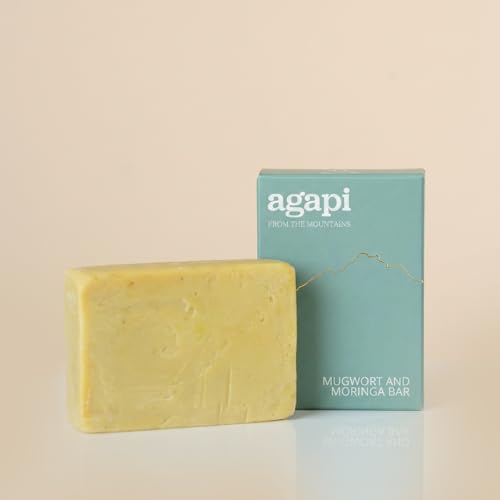 Image of Agapi Sikkim | Handcrafted In Sikkim Mugwort Moringa Soap Bar with Organic Mugwort extract, Moringa, Coconut Oil, Olive Oil, Palm Oil, Sunflower Oil | Hydrating Coconut & Olive Oils | Natural - 100gm