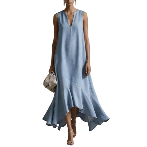 Robe longue en jean sans manches col en V en toile denim légère et coupe estivale fluide