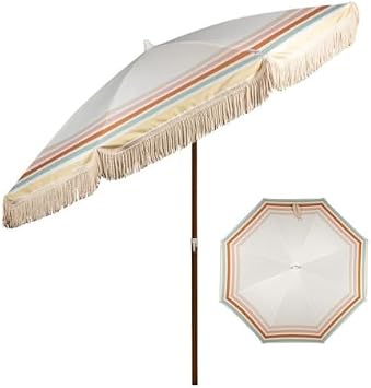 2.2m Portable Beach Parasol with Fringe, Adjustable Patio Umbrella for Garden, Camping, Lawn & Terrace, Sun Protection Canopy,One Color-2.2m/7ft